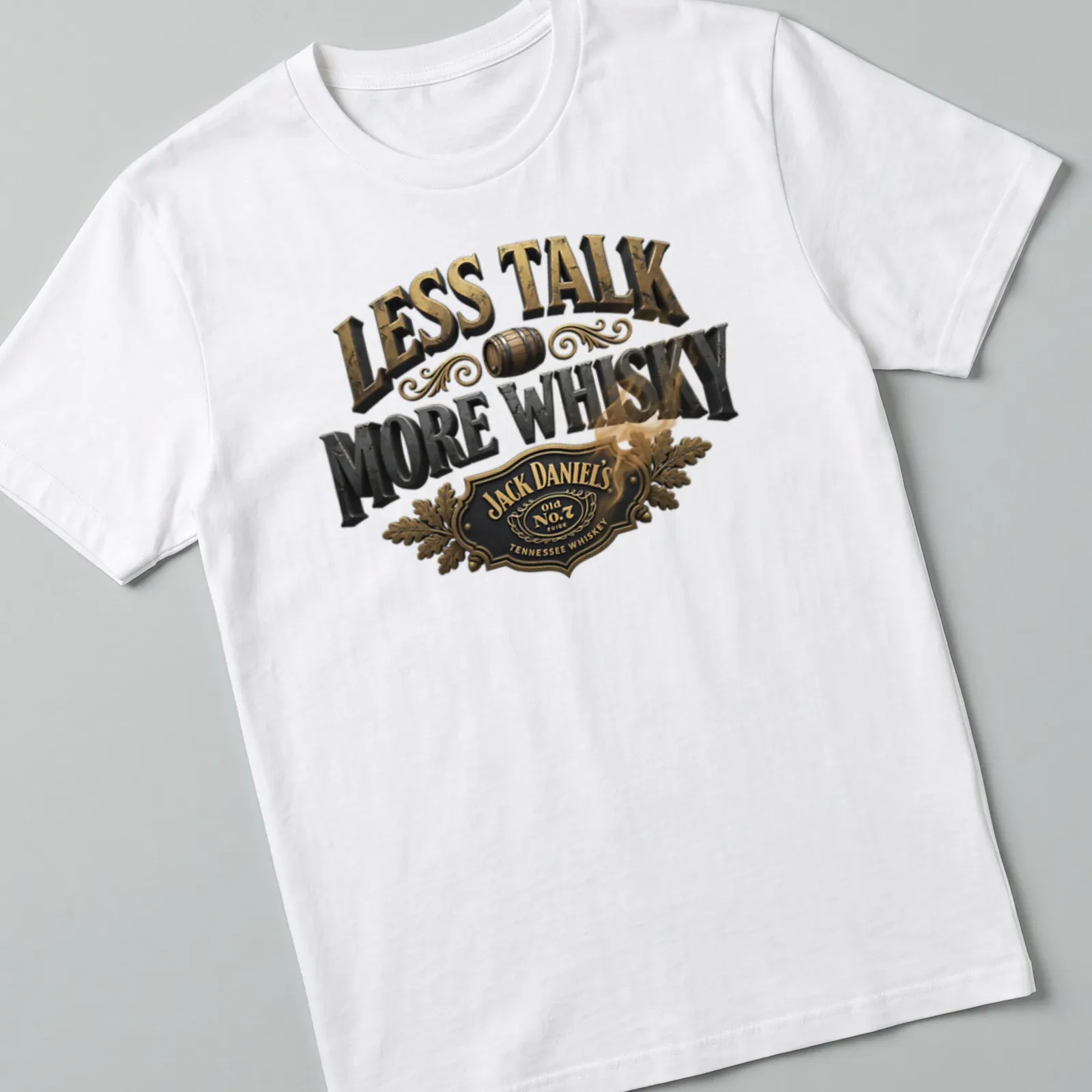 Vintage whiskey barrel t-shirt with bold lettering and graphic design — printed on a unisex t-shirt