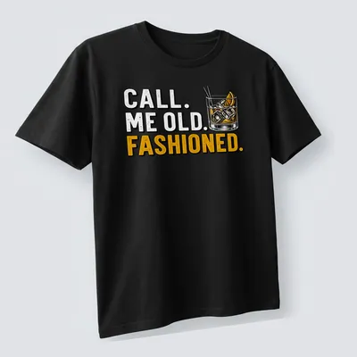 Vintage Old Fashioned t-shirt with whimsical cocktail illustration and text. — printed on a unisex t-shirt (angled view)