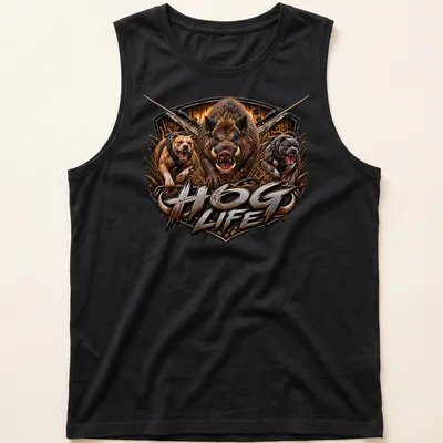 Realistic graphic of a wild boar with hunting dogs and the text HOG LIFE — printed on a tank top
