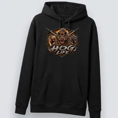 Realistic graphic of a wild boar with hunting dogs and the text HOG LIFE — printed on a unisex hoodie