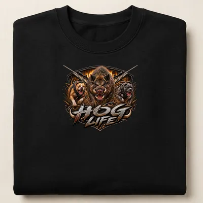 Realistic graphic of a wild boar with hunting dogs and the text HOG LIFE — printed on a unisex sweatshirt