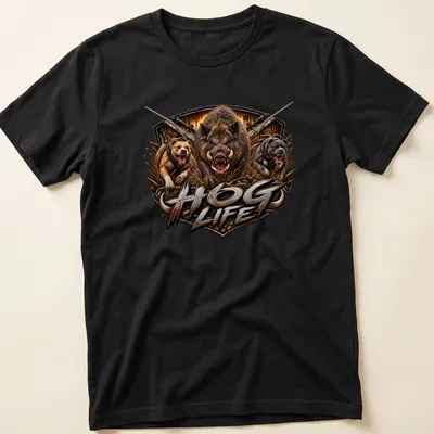 Realistic graphic of a wild boar with hunting dogs and the text HOG LIFE