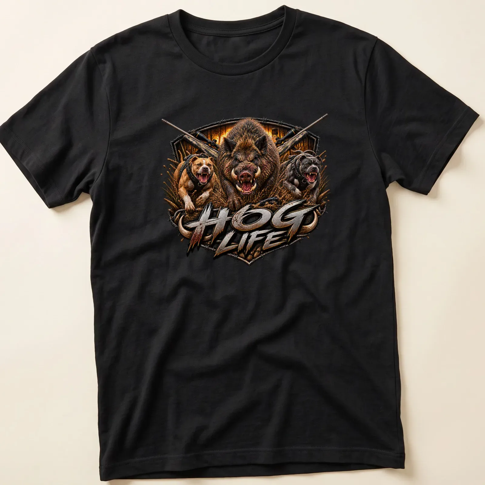 Realistic graphic of a wild boar with hunting dogs and the text HOG LIFE — printed on a unisex t-shirt