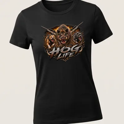 Realistic graphic of a wild boar with hunting dogs and the text HOG LIFE — printed on a women's shirt