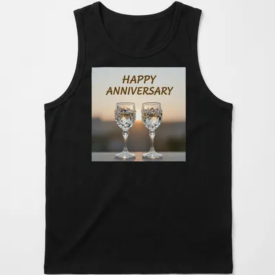 Elegant photography of wine glasses with Happy Anniversary text — printed on a tank top
