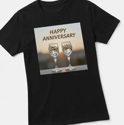 Elegant photography of wine glasses with Happy Anniversary text — printed on a women's shirt