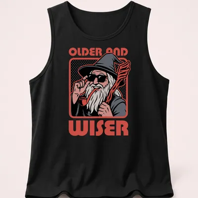 Pop art style print of a wise wizard with the words 'OLDER AND WISER' in bold letters — printed on a tank top