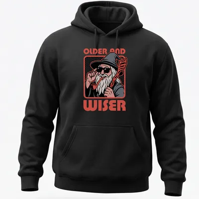 Pop art style print of a wise wizard with the words 'OLDER AND WISER' in bold letters — printed on a unisex hoodie