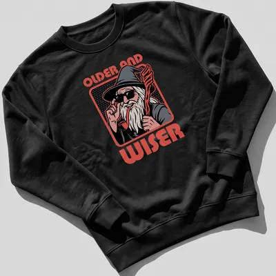 Pop art style print of a wise wizard with the words 'OLDER AND WISER' in bold letters — printed on a unisex sweatshirt