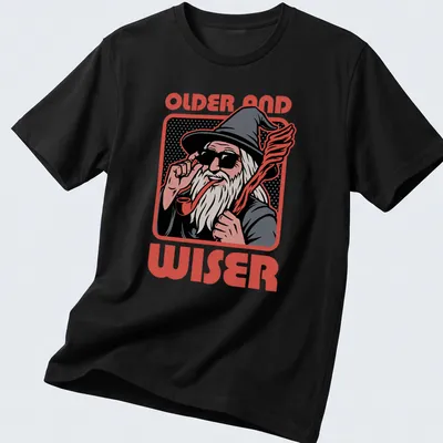 Pop art style print of a wise wizard with the words 'OLDER AND WISER' in bold letters