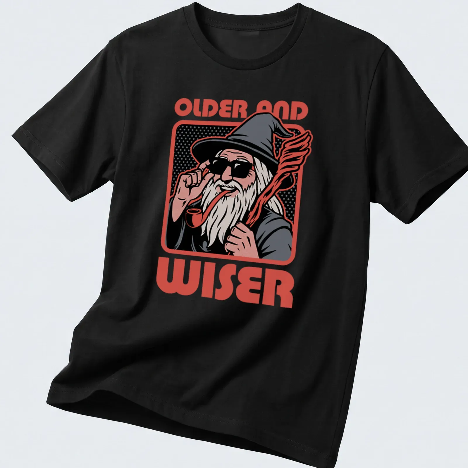 Pop art style print of a wise wizard with the words 'OLDER AND WISER' in bold letters — printed on a unisex t-shirt