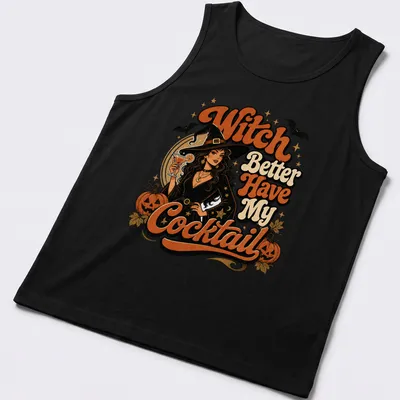 Vintage style Halloween t-shirt with witch and cocktail illustration — printed on a tank top