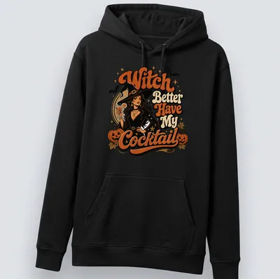 Vintage style Halloween t-shirt with witch and cocktail illustration — printed on a unisex hoodie