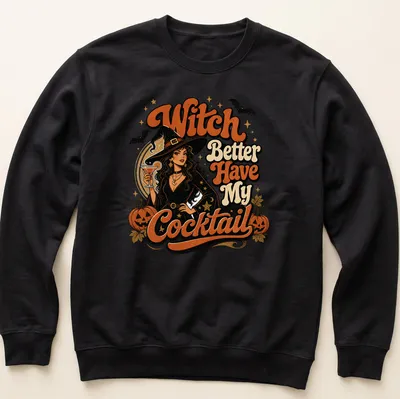 Vintage style Halloween t-shirt with witch and cocktail illustration — printed on a unisex sweatshirt