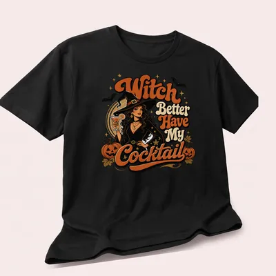 Vintage style Halloween t-shirt with witch and cocktail illustration — printed on a unisex t-shirt (angled view)