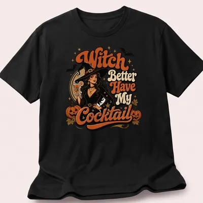 Vintage style Halloween t-shirt with witch and cocktail illustration