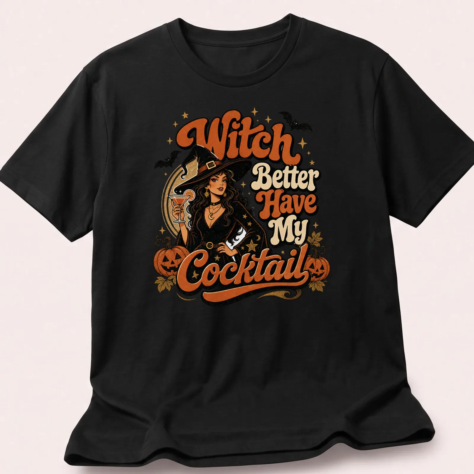 Vintage style Halloween t-shirt with witch and cocktail illustration — printed on a unisex t-shirt