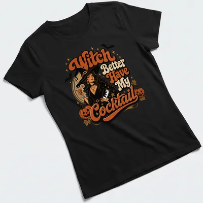 Vintage style Halloween t-shirt with witch and cocktail illustration — printed on a women's shirt