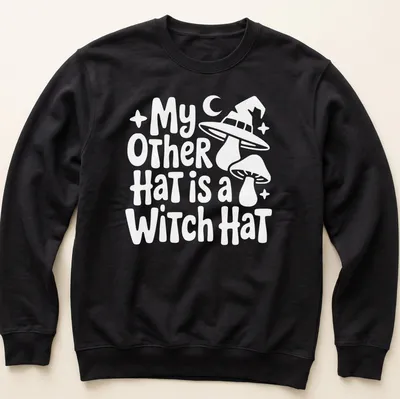 Funny shirt featuring the text My Other Hat Is A Witch Hat with an illustration of a witch hat — printed on a unisex sweatshirt
