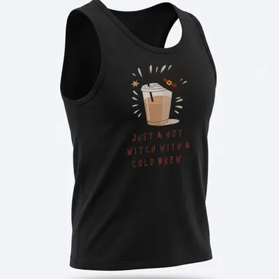 Kawaii illustration of a witch with a cold brew and playful text in brown, cream, and yellow — printed on a tank top