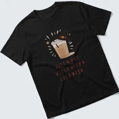 Kawaii illustration of a witch with a cold brew and playful text in brown, cream, and yellow