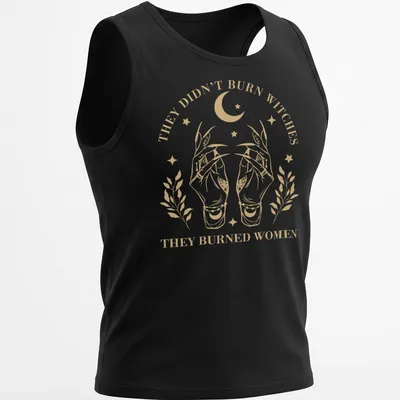 Vintage illustration t-shirt with hands and feminist message in gold and white — printed on a tank top