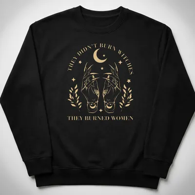 Vintage illustration t-shirt with hands and feminist message in gold and white — printed on a unisex sweatshirt