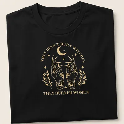 Vintage illustration t-shirt with hands and feminist message in gold and white