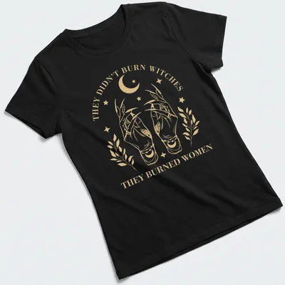 Vintage illustration t-shirt with hands and feminist message in gold and white — printed on a women's shirt