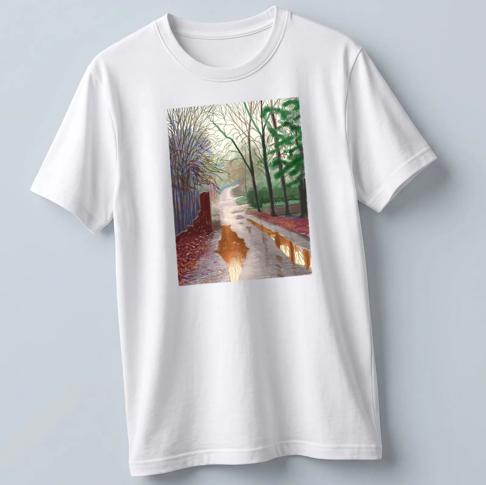 Vibrant impressionistic landscape of Woldgate East Yorkshire depicting spring — printed on a unisex t-shirt