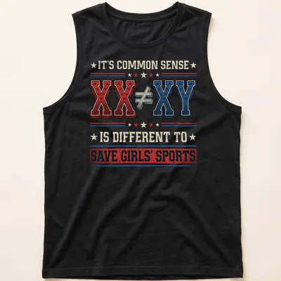 Text-driven shirt promoting sports equality with retro style in red, blue, white, and cream — printed on a tank top