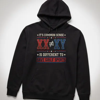 Text-driven shirt promoting sports equality with retro style in red, blue, white, and cream — printed on a unisex hoodie