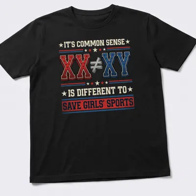 Text-driven shirt promoting sports equality with retro style in red, blue, white, and cream
