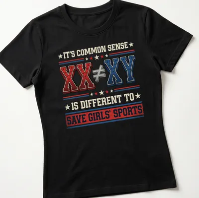 Text-driven shirt promoting sports equality with retro style in red, blue, white, and cream — printed on a women's shirt