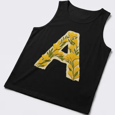 Floral decorated letter A monogram t-shirt in vintage style — printed on a tank top