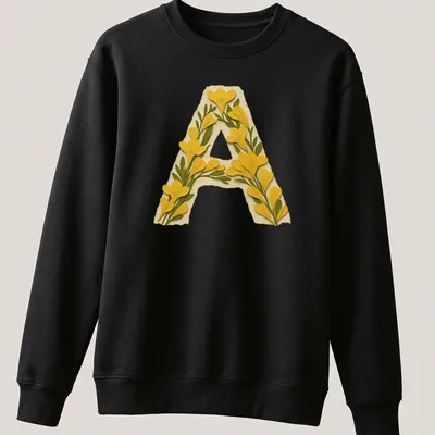 Floral decorated letter A monogram t-shirt in vintage style — printed on a unisex sweatshirt