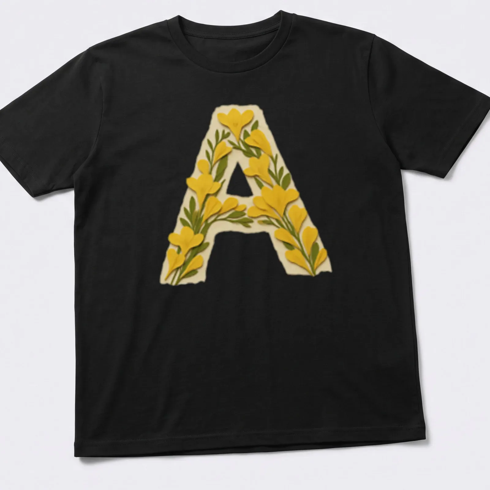 Floral decorated letter A monogram t-shirt in vintage style — printed on a unisex t-shirt