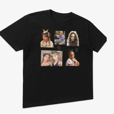Collage of Yellowjackets characters in vibrant colors on a — printed on a unisex t-shirt (angled view)