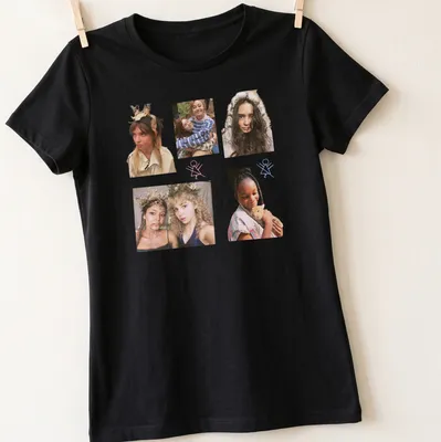 Collage of Yellowjackets characters in vibrant colors on a — printed on a women's shirt