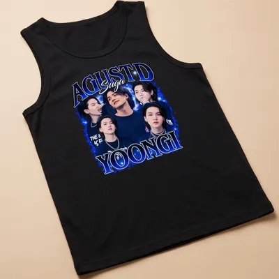 Vibrant collage t-shirt featuring AGUSTD Suga and expressive typography in blue, black, and white — printed on a tank top