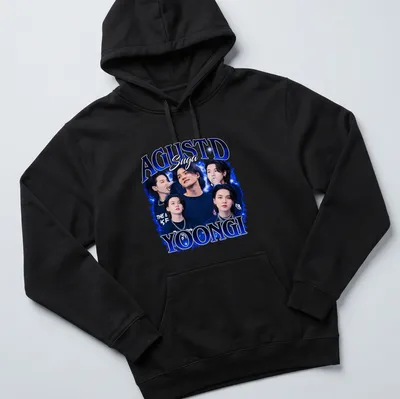 Vibrant collage t-shirt featuring AGUSTD Suga and expressive typography in blue, black, and white — printed on a unisex hoodie