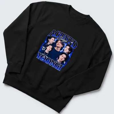 Vibrant collage t-shirt featuring AGUSTD Suga and expressive typography in blue, black, and white — printed on a unisex sweatshirt
