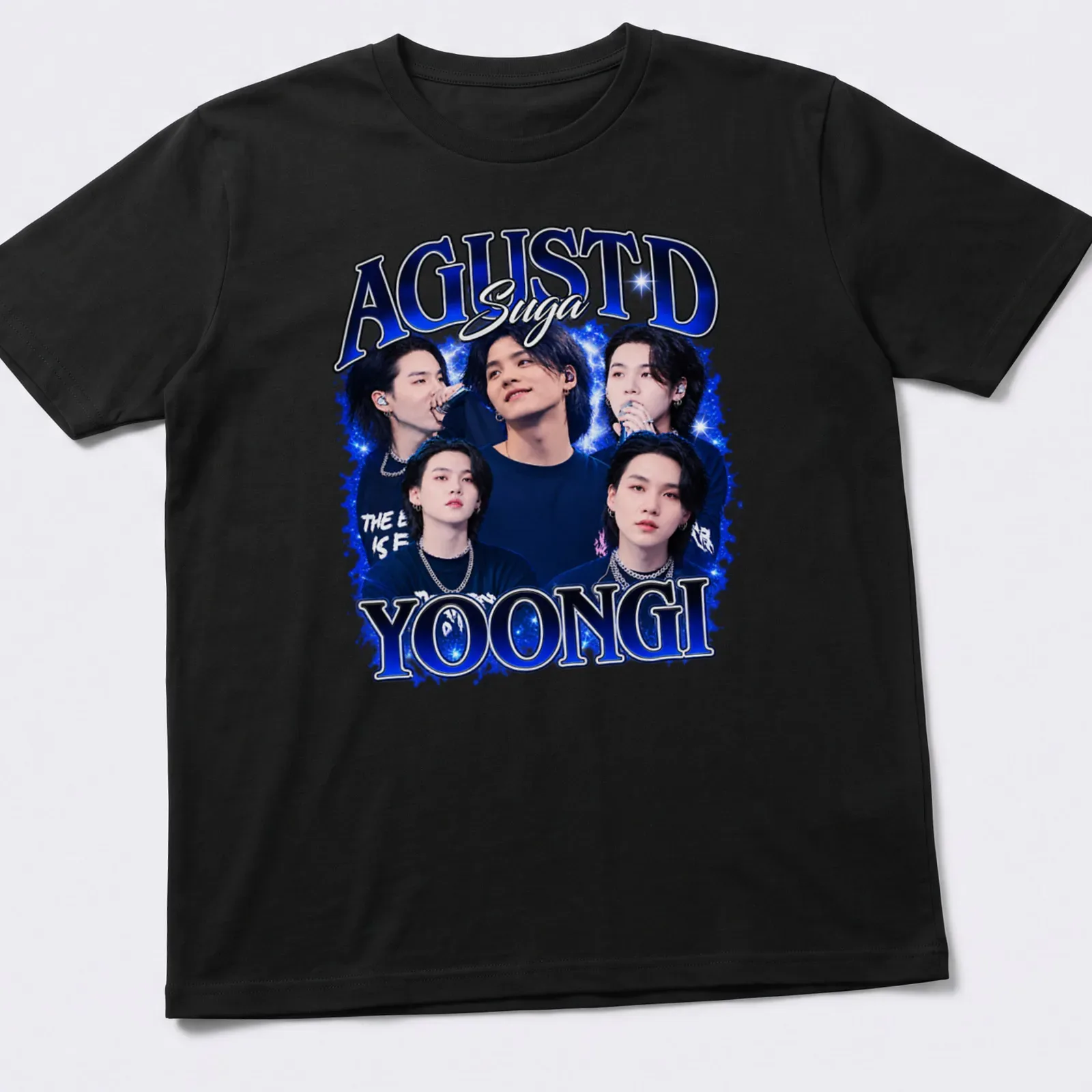 Vibrant collage t-shirt featuring AGUSTD Suga and expressive typography in blue, black, and white — printed on a unisex t-shirt