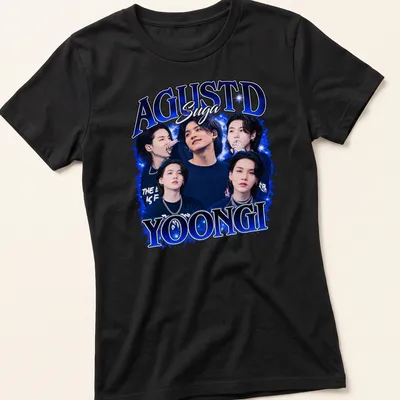 Vibrant collage t-shirt featuring AGUSTD Suga and expressive typography in blue, black, and white — printed on a women's shirt