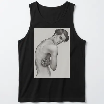 Pencil sketch of Young Sherlock Holmes in grey, black, and white tones — printed on a tank top