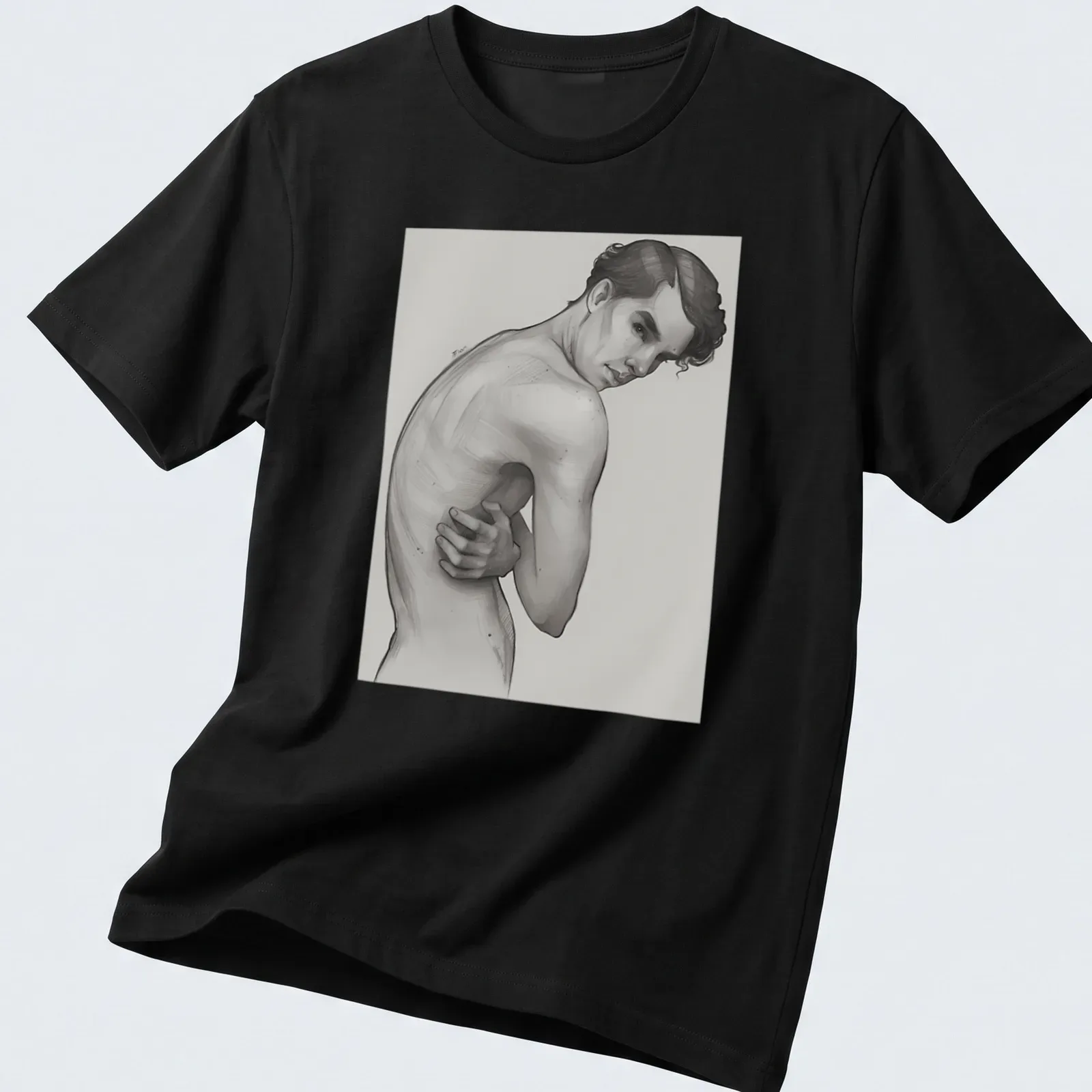 Pencil sketch of Young Sherlock Holmes in grey, black, and white tones — printed on a unisex t-shirt