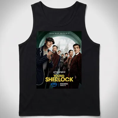 Movie poster-style t-shirt featuring Young Sherlock with bold lettering — printed on a tank top