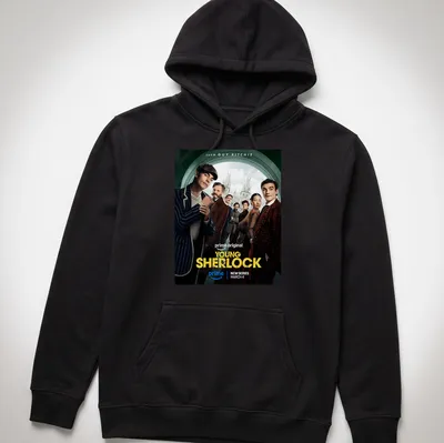 Movie poster-style t-shirt featuring Young Sherlock with bold lettering — printed on a unisex hoodie