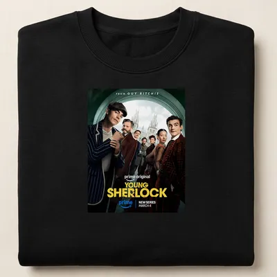 Movie poster-style t-shirt featuring Young Sherlock with bold lettering — printed on a unisex sweatshirt