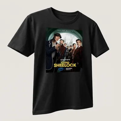 Movie poster-style t-shirt featuring Young Sherlock with bold lettering — printed on a unisex t-shirt (angled view)
